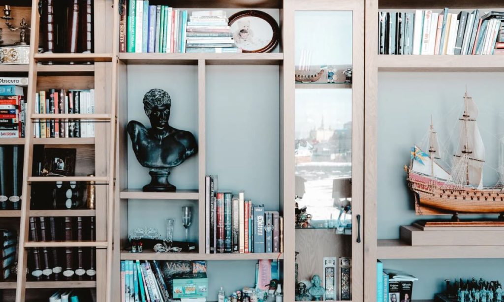 photo of a shelf with books and a statue