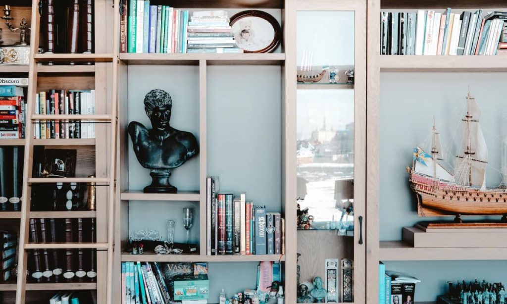 photo of a shelf with books and a statue