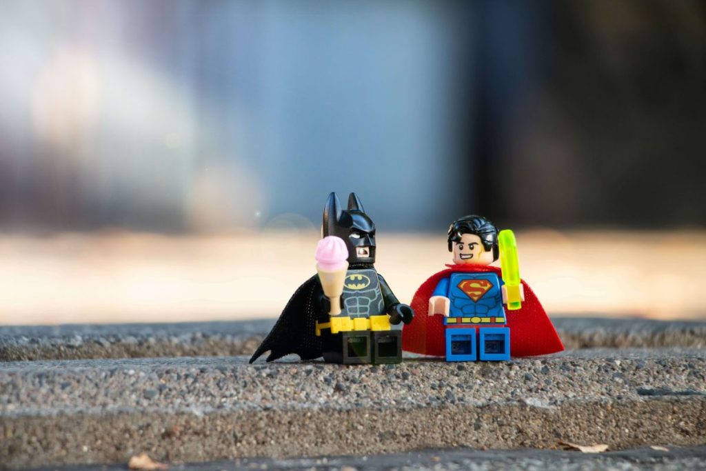 lego batman and superman having lego ice cream