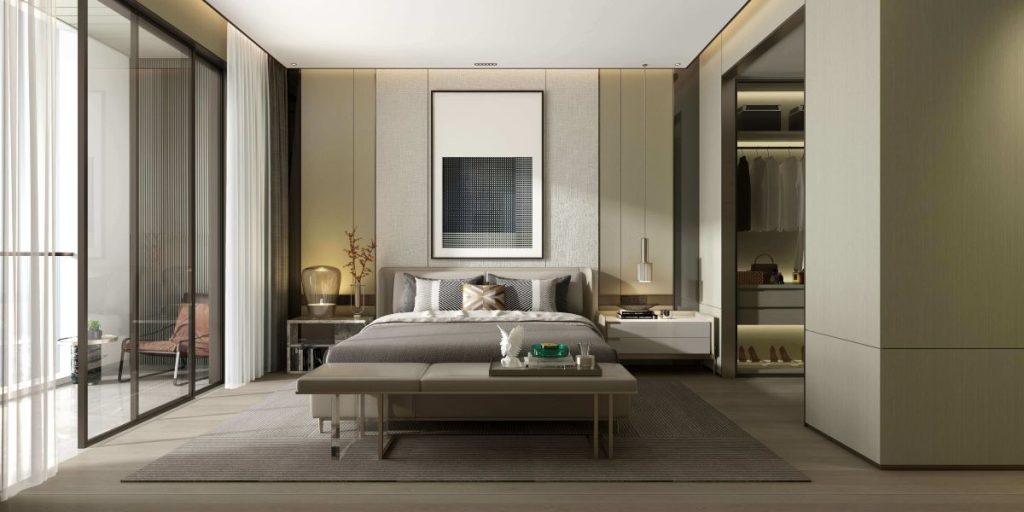 photo of a bedroom space with a king sized bed