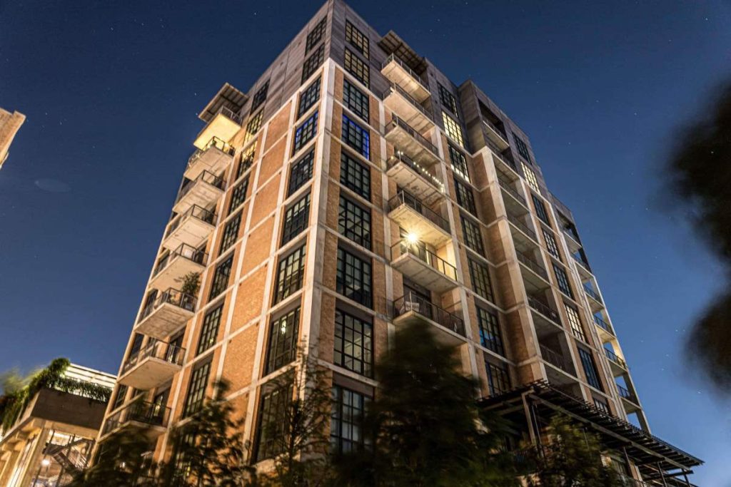 photo of a condo building at night