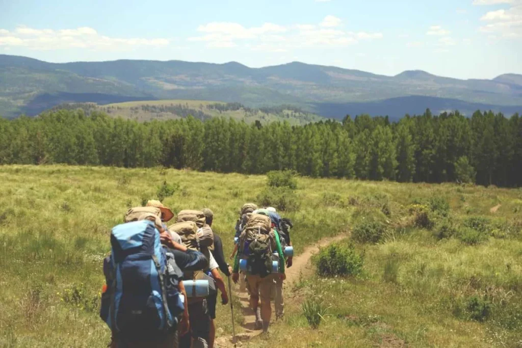 photo of a group of hikers following a trail