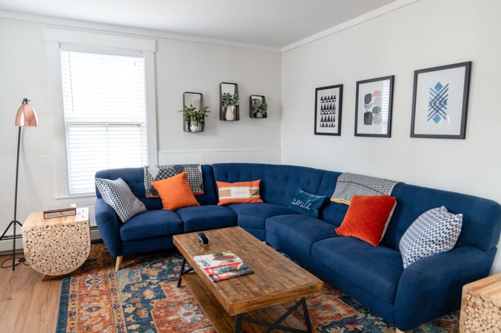 photo of a living room with a blue color palette