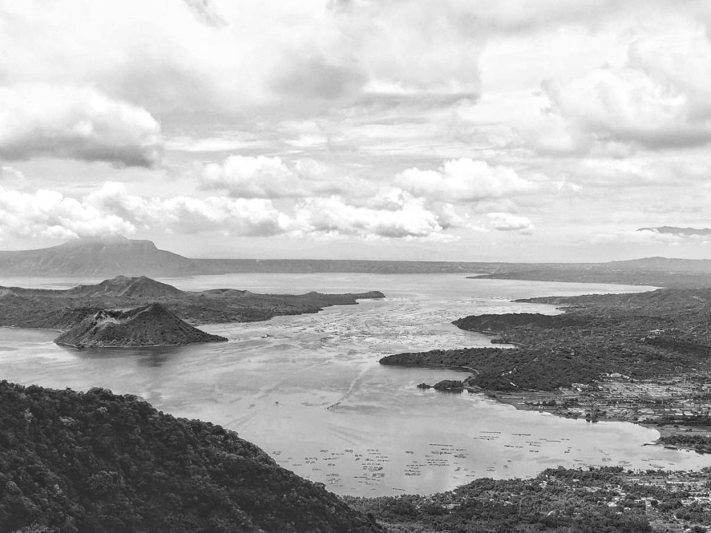 photo of taal lake in grayscale