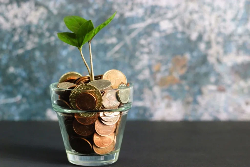 photo of coins in a glass pot with a sprout coming up