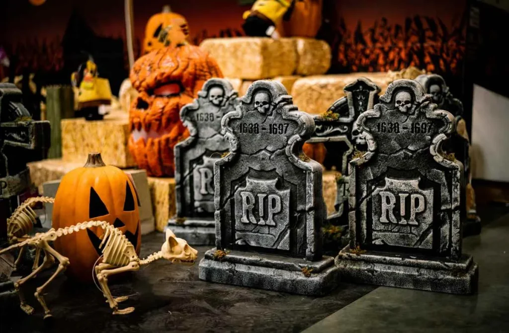 photo of halloween decorations of gravestones