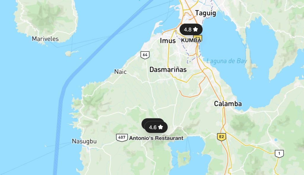 Locations of Michelin star restaurants South of Metro Manila
