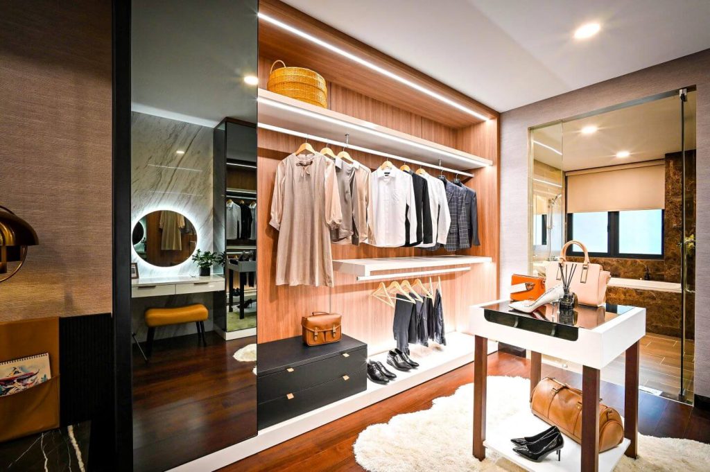 New walk in closet l generous wall space, hanging space with hooks, and dresser for the master closet of your new house 
