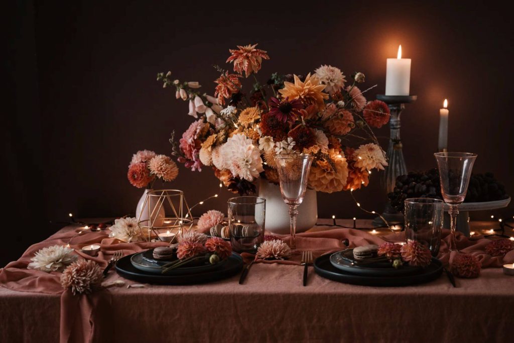 Sophisticated Halloween party table setting and decor